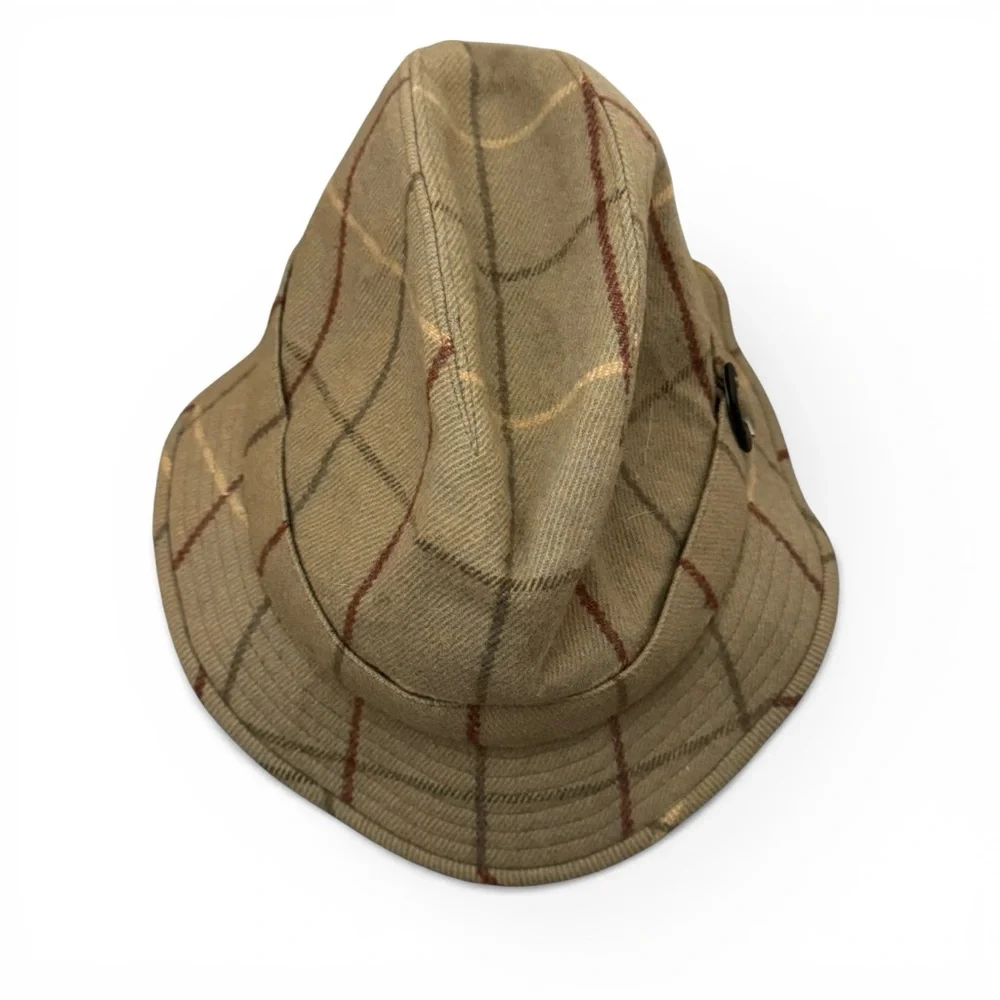 Burberry Vintage Fedora Hat Tan Plaid Windowpane Wool Multicolor Buckle 7 3/8 - Picture 7 of 13